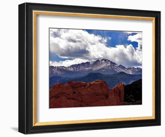 The Sun Breaks Through the Clouds to Highlight the Summit of Pikes Peak-null-Framed Photographic Print