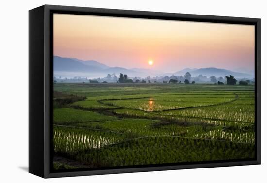 The Sun Sets Behind Foggy Hills and Expansive Rice Paddy Fields Near Chiang Mai, Thailand-Dan Holz-Framed Premier Image Canvas