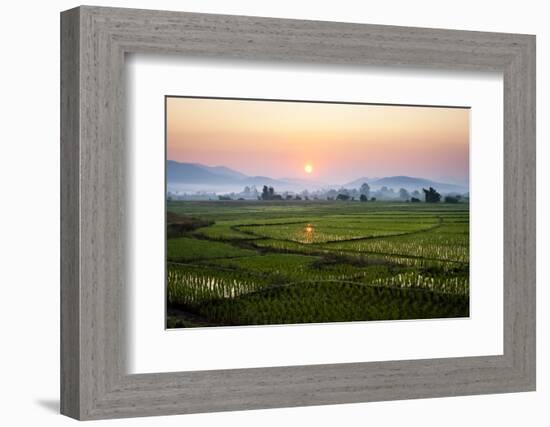 The Sun Sets Behind Foggy Hills and Expansive Rice Paddy Fields Near Chiang Mai, Thailand-Dan Holz-Framed Photographic Print
