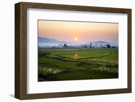 The Sun Sets Behind Foggy Hills and Expansive Rice Paddy Fields Near Chiang Mai, Thailand-Dan Holz-Framed Photographic Print