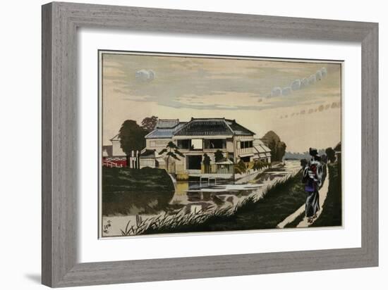 The Sunset at Yanagishima, a Restaurant on a River, a Woman with a Child on Her Back-Kobayashi Kiyochika-Framed Giclee Print