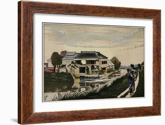 The Sunset at Yanagishima, a Restaurant on a River, a Woman with a Child on Her Back-Kobayashi Kiyochika-Framed Giclee Print