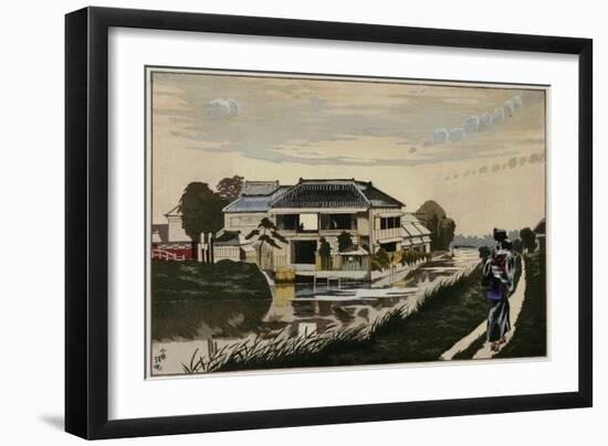 The Sunset at Yanagishima, a Restaurant on a River, a Woman with a Child on Her Back-Kobayashi Kiyochika-Framed Giclee Print