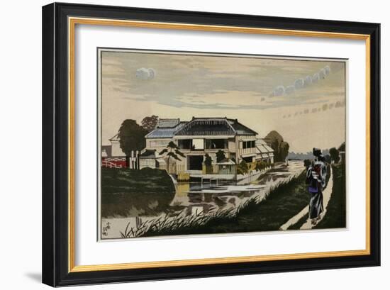 The Sunset at Yanagishima, a Restaurant on a River, a Woman with a Child on Her Back-Kobayashi Kiyochika-Framed Giclee Print