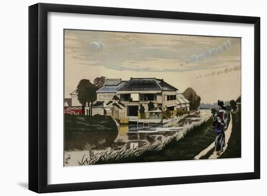 The Sunset at Yanagishima, a Restaurant on a River, a Woman with a Child on Her Back-Kobayashi Kiyochika-Framed Giclee Print