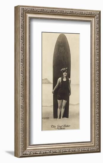 The Surf-Rider Hawaii, Girl with Surfboard, Photo Postcard c.1920-Ray Jerome Baker-Framed Art Print