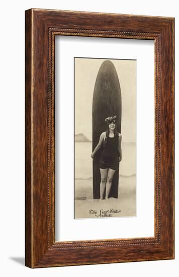 The Surf-Rider Hawaii, Girl with Surfboard, Photo Postcard c.1920-Ray Jerome Baker-Framed Art Print