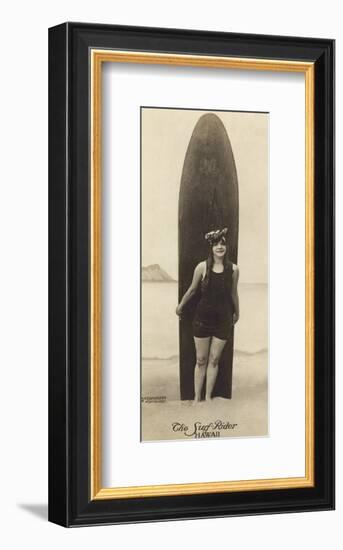 The Surf-Rider Hawaii, Girl with Surfboard, Photo Postcard c.1920-Ray Jerome Baker-Framed Art Print