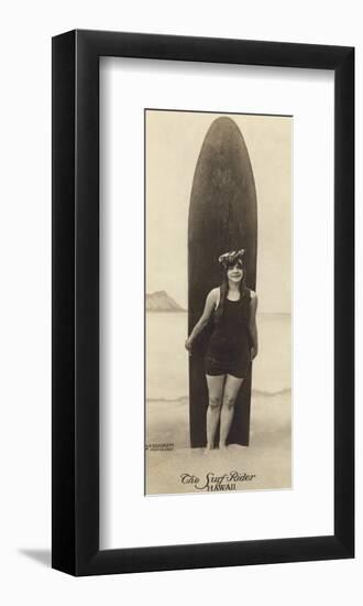 The Surf-Rider Hawaii, Girl with Surfboard, Photo Postcard c.1920-Ray Jerome Baker-Framed Art Print