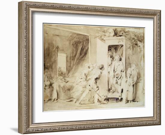 The Surprised Lover, 1755 (Brown Pencil over Chalk Preliminary Drawing)-Jean-Honore Fragonard-Framed Giclee Print