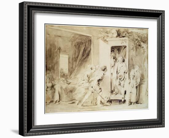 The Surprised Lover, 1755 (Brown Pencil over Chalk Preliminary Drawing)-Jean-Honore Fragonard-Framed Giclee Print