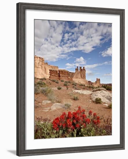 The Three Gossips and Common Paintbrush (Castilleja Chromosa), Arches National Park, Utah, USA-James Hager-Framed Photographic Print