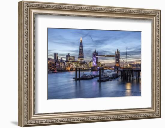 The Tower Bridge in London Seen from the East at Dusk. in the Background-David Bank-Framed Photographic Print