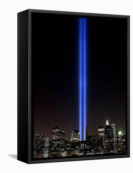 The Tribute of Light Memorial Shines into the Sky Over the Night Skyline of New York City-null-Framed Premier Image Canvas