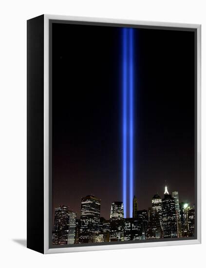 The Tribute of Light Memorial Shines into the Sky Over the Night Skyline of New York City-null-Framed Premier Image Canvas