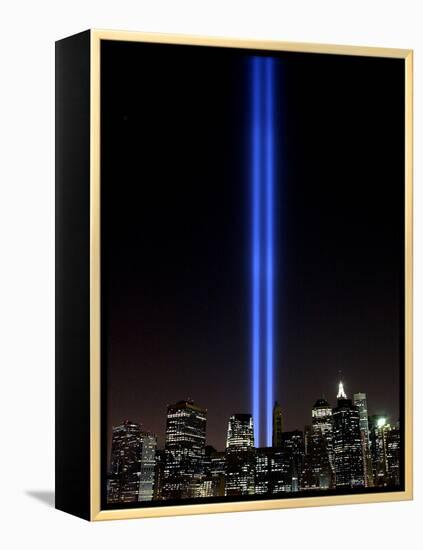 The Tribute of Light Memorial Shines into the Sky Over the Night Skyline of New York City-null-Framed Premier Image Canvas