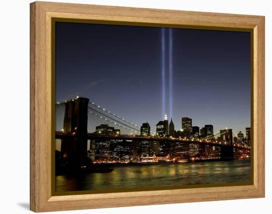 The Tribute of Light Memorial Shines into the Sky Over the Night Skyline of New York City-null-Framed Premier Image Canvas