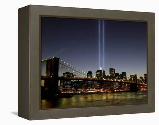 The Tribute of Light Memorial Shines into the Sky Over the Night Skyline of New York City-null-Framed Premier Image Canvas