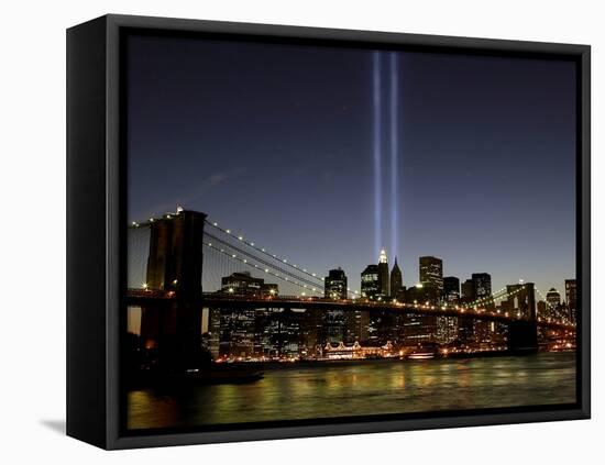 The Tribute of Light Memorial Shines into the Sky Over the Night Skyline of New York City-null-Framed Premier Image Canvas