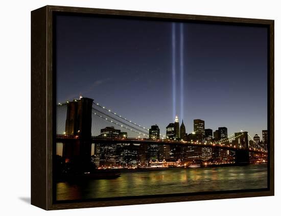 The Tribute of Light Memorial Shines into the Sky Over the Night Skyline of New York City-null-Framed Premier Image Canvas