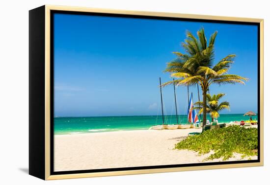 The Tropical Beach of Varadero in Cuba with Coconut Palms and Colorful Sailing Boats-Kamira-Framed Premier Image Canvas