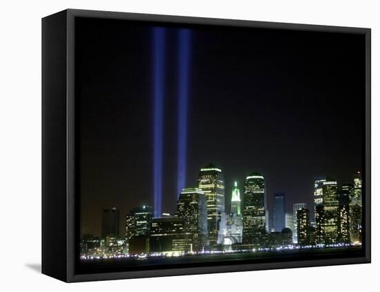 The Twin Lights Memorial Rises Above the New York City Skyline from the Waterfront-null-Framed Premier Image Canvas