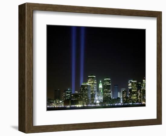 The Twin Lights Memorial Rises Above the New York City Skyline from the Waterfront-null-Framed Photographic Print