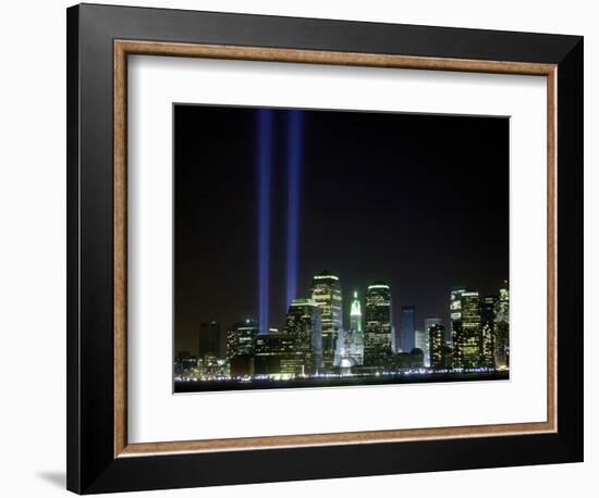 The Twin Lights Memorial Rises Above the New York City Skyline from the Waterfront-null-Framed Photographic Print