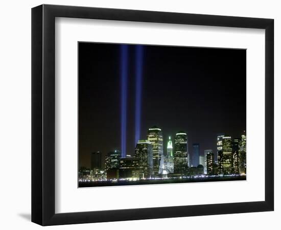 The Twin Lights Memorial Rises Above the New York City Skyline from the Waterfront-null-Framed Photographic Print