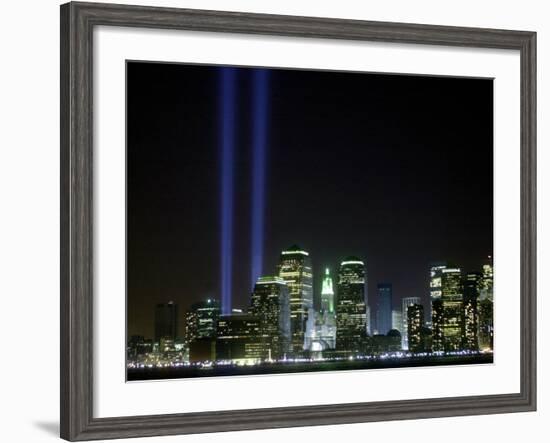 The Twin Lights Memorial Rises Above the New York City Skyline from the Waterfront-null-Framed Photographic Print