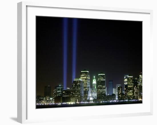 The Twin Lights Memorial Rises Above the New York City Skyline from the Waterfront-null-Framed Photographic Print