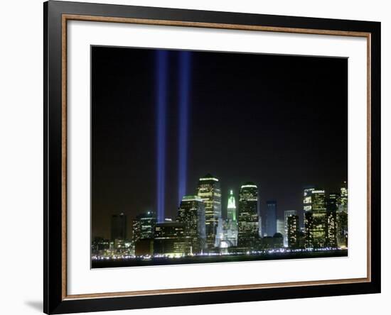 The Twin Lights Memorial Rises Above the New York City Skyline from the Waterfront-null-Framed Photographic Print