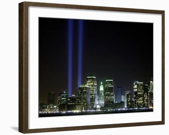 The Twin Lights Memorial Rises Above the New York City Skyline from the Waterfront-null-Framed Photographic Print