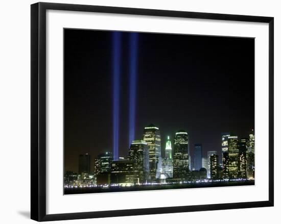 The Twin Lights Memorial Rises Above the New York City Skyline from the Waterfront-null-Framed Photographic Print