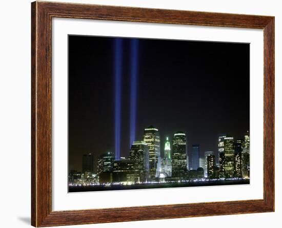 The Twin Lights Memorial Rises Above the New York City Skyline from the Waterfront-null-Framed Photographic Print