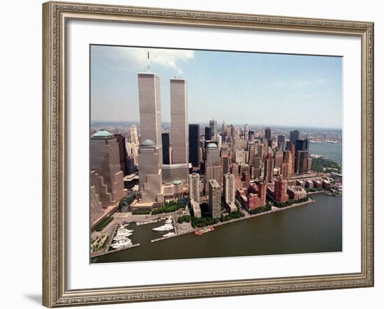 The Twin Towers of the World Trade Center Rise Above the New York Skyline-null-Framed Photographic Print