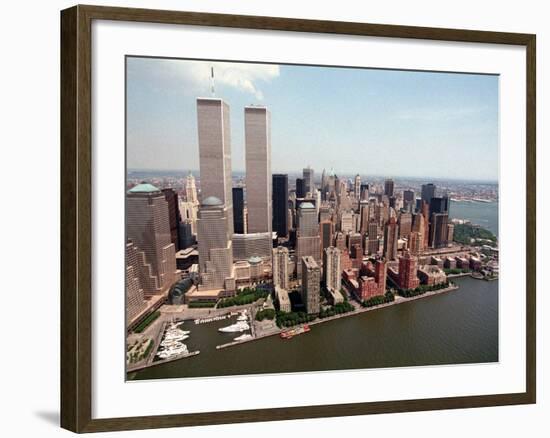 The Twin Towers of the World Trade Center Rise Above the New York Skyline-null-Framed Photographic Print