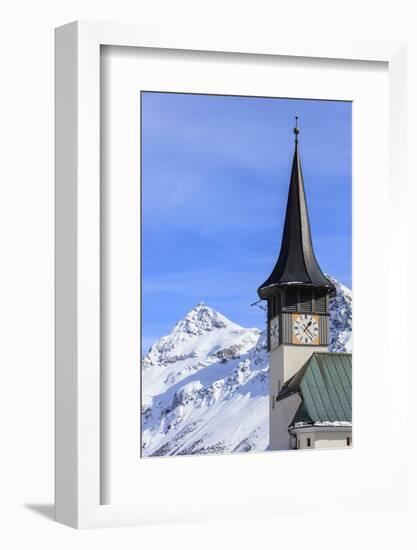 The typical alpine bell tower frames the snowy peaks, Langwies, district of Plessur, Canton of Grau-Roberto Moiola-Framed Photographic Print