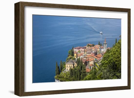 The typical village of Varenna surrounded by the blue water of Lake Como and gardens, Italy-Roberto Moiola-Framed Photographic Print