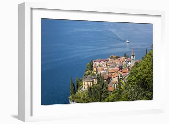 The typical village of Varenna surrounded by the blue water of Lake Como and gardens, Italy-Roberto Moiola-Framed Photographic Print