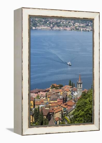 The typical village of Varenna surrounded by the blue water of Lake Como and gardens, Italy-Roberto Moiola-Framed Premier Image Canvas