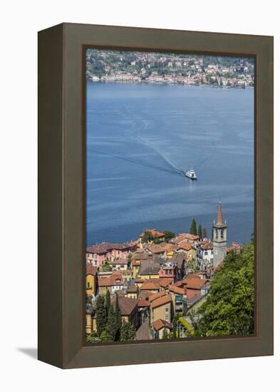 The typical village of Varenna surrounded by the blue water of Lake Como and gardens, Italy-Roberto Moiola-Framed Premier Image Canvas