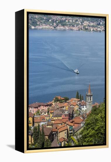 The typical village of Varenna surrounded by the blue water of Lake Como and gardens, Italy-Roberto Moiola-Framed Premier Image Canvas