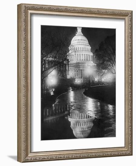 The U.S. Capitol Builing in a Light Night Rain-null-Framed Photo