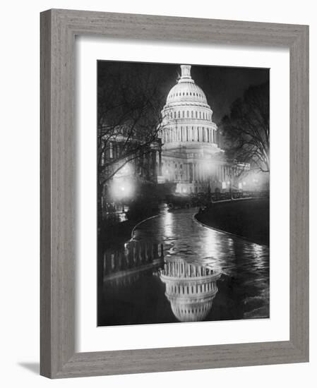 The U.S. Capitol Builing in a Light Night Rain-null-Framed Photo