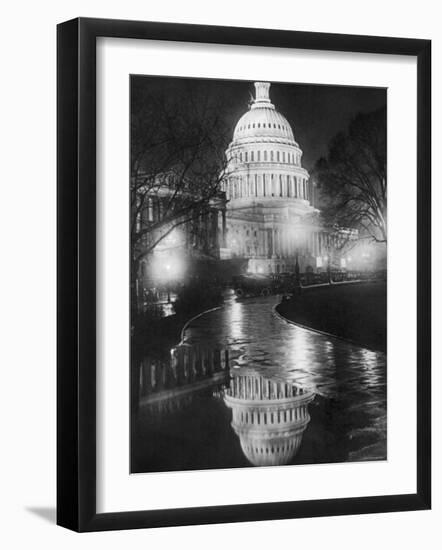 The U.S. Capitol Builing in a Light Night Rain--Framed Photo