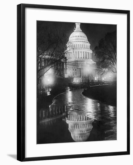 The U.S. Capitol Builing in a Light Night Rain-null-Framed Photo