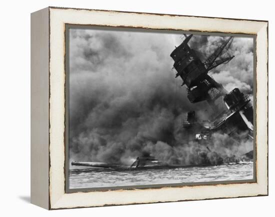 The USS Arizona Burning after the Japanese Attack on Pearl Harbor, Dec. 7, 1941-null-Framed Premier Image Canvas