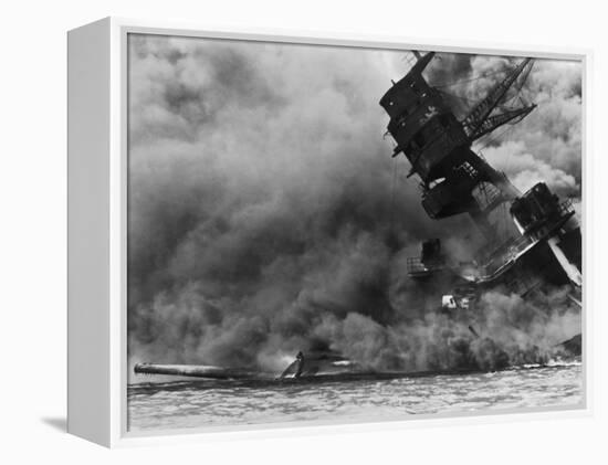 The USS Arizona Burning after the Japanese Attack on Pearl Harbor, Dec. 7, 1941-null-Framed Premier Image Canvas