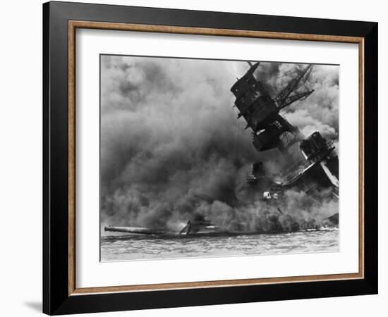 The USS Arizona Burning after the Japanese Attack on Pearl Harbor, Dec. 7, 1941-null-Framed Photographic Print